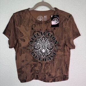 Affliction Shirt Womens 2X Camo Royale Baby Tee Cropped Grunge Punk Y2K Top NEW